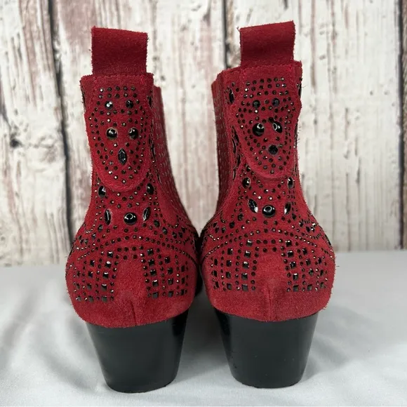 BiBi Lou Rhinestone Maroon Studded Embellished Leather Ankle Booties Boots SZ 38