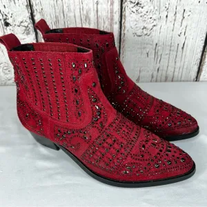 BiBi Lou Rhinestone Maroon Studded Embellished Leather Ankle Booties Boots SZ 38