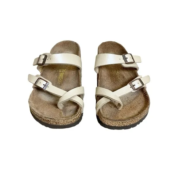 Birkenstock Mayari Strappy Toe Post Soft Footbed White Faux Leather Sandals