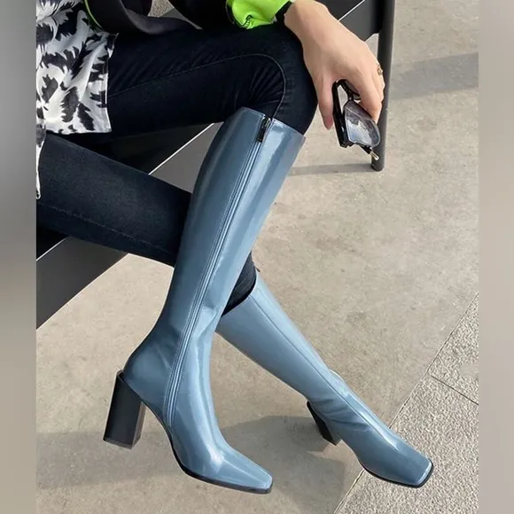 Blue Patten Leather Square Toe Boots