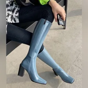 Blue Patten Leather Square Toe Boots