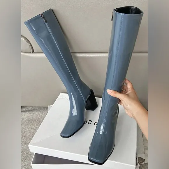 Blue Patten Leather Square Toe Boots
