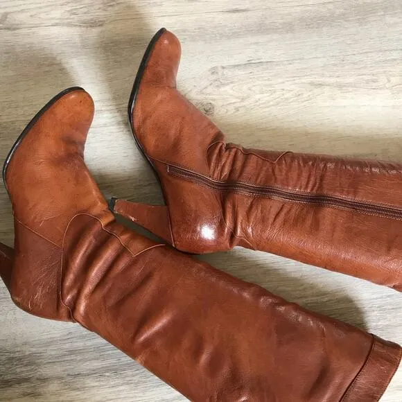 Bolo by BORN Tall Leather Brown High Heel Boots With Side Zipper.  Size 9.