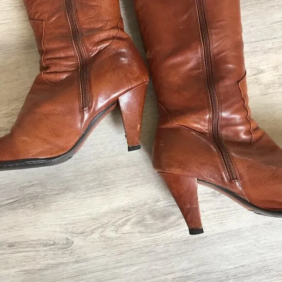 Bolo by BORN Tall Leather Brown High Heel Boots With Side Zipper.  Size 9.