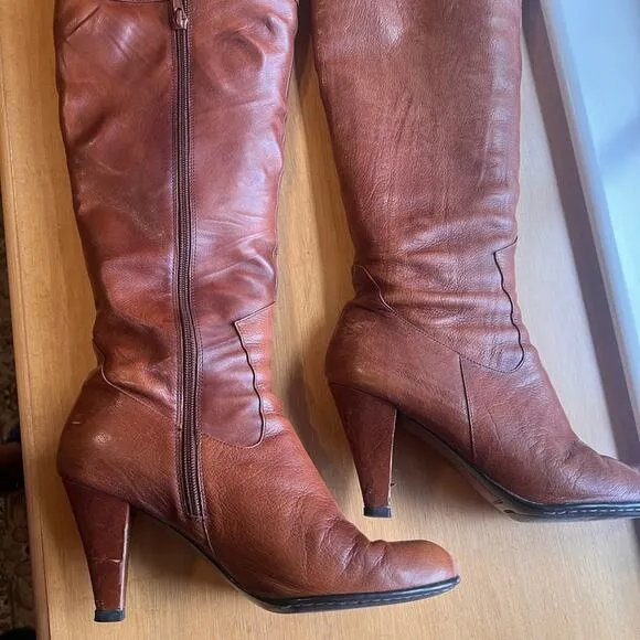 Bolo by BORN Tall Leather Brown High Heel Boots With Side Zipper.  Size 9.