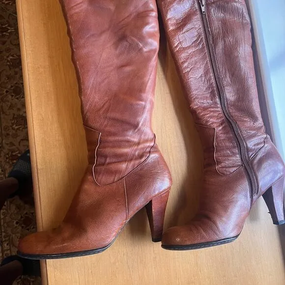 Bolo by BORN Tall Leather Brown High Heel Boots With Side Zipper.  Size 9.