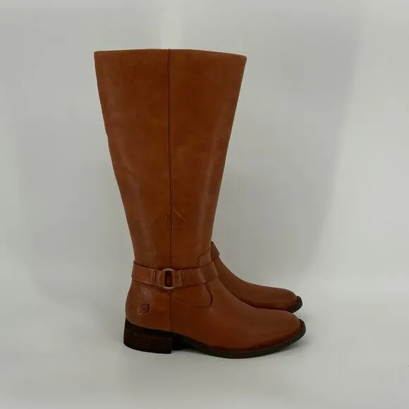 Born Size 6M Brown Cognac Leather Saddler Wide Shaft Tall Boots Side Zip BR11-20