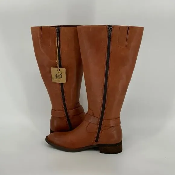 Born Size 6M Brown Cognac Leather Saddler Wide Shaft Tall Boots Side Zip BR11-20