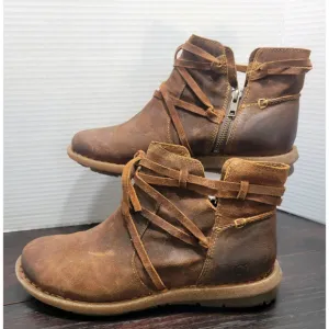 Born Tarkiln Brown Distressed Leather Ankle Boots with Accent Lacing - Size 9.5