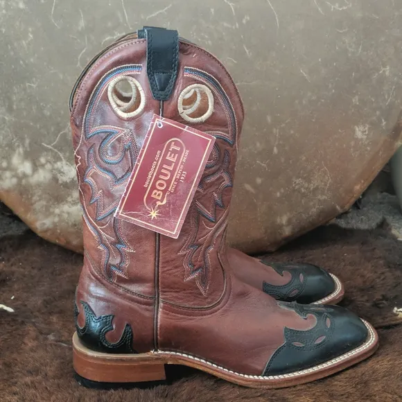 BOULET #9016 chestnut brown leather black wingtip square toe Cowgirl Boot 10 NWT