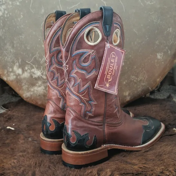 BOULET #9016 chestnut brown leather black wingtip square toe Cowgirl Boot 10 NWT