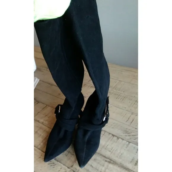 Brian Atwood black suede leather tall boots heels size 37 us 6.5, made in italy