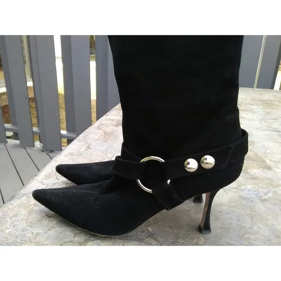 Brian Atwood black suede leather tall boots heels size 37 us 6.5, made in italy