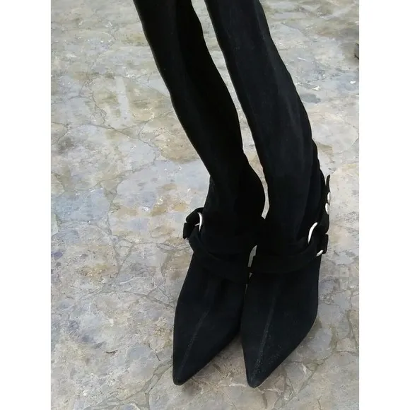 Brian Atwood black suede leather tall boots heels size 37 us 6.5, made in italy