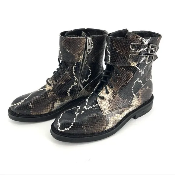 Brown All Saints Black Multi Snake Print Brigade Leather Moto Combat Boots sz 7