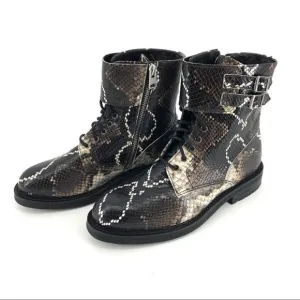 Brown All Saints Black Multi Snake Print Brigade Leather Moto Combat Boots sz 7