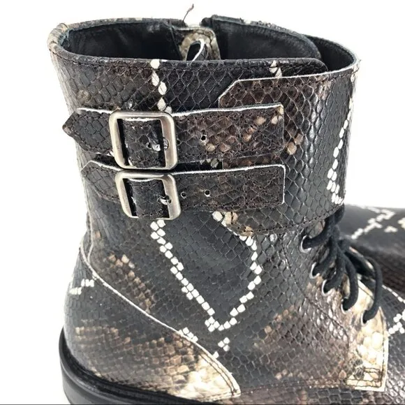 Brown All Saints Black Multi Snake Print Brigade Leather Moto Combat Boots sz 7