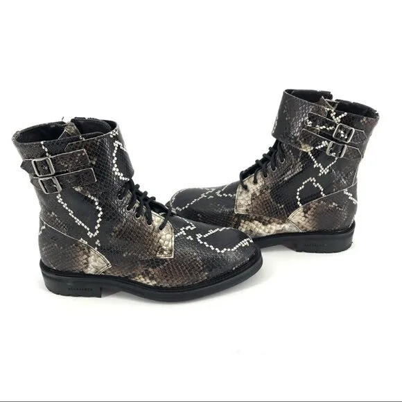 Brown All Saints Black Multi Snake Print Brigade Leather Moto Combat Boots sz 7