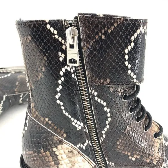 Brown All Saints Black Multi Snake Print Brigade Leather Moto Combat Boots sz 7