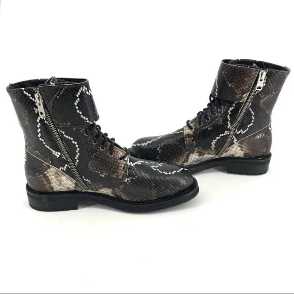 Brown All Saints Black Multi Snake Print Brigade Leather Moto Combat Boots sz 7