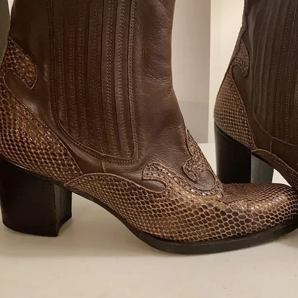 Brown Leather Cowboy Boots with Reptile Design