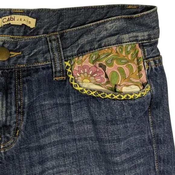 CAbi Floral Patchwork Medium Demin Distressed Boho Straight Leg Y2K Inspo Size 4