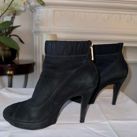 Chanel High Heel Platform Black Suede Leather Ankle Booties