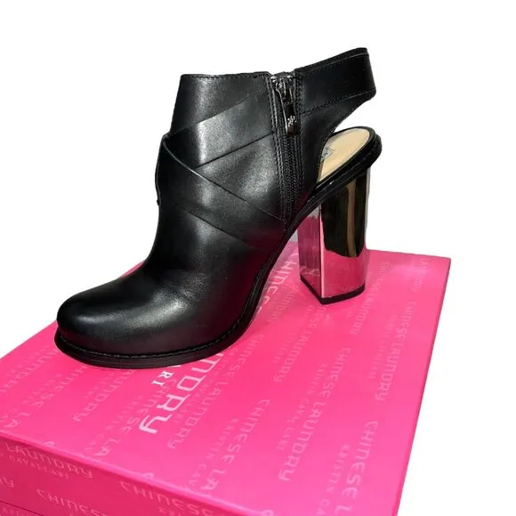 Chinese Laundry Womens Booties Remi Mirror Heeled Black Silver Party Size 9
