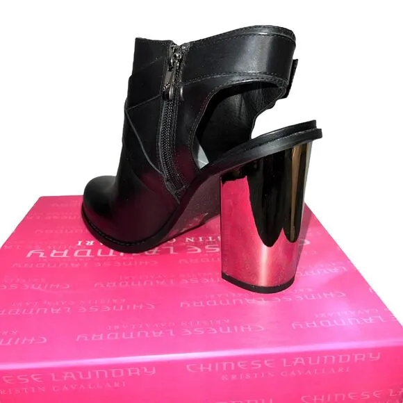 Chinese Laundry Womens Booties Remi Mirror Heeled Black Silver Party Size 9