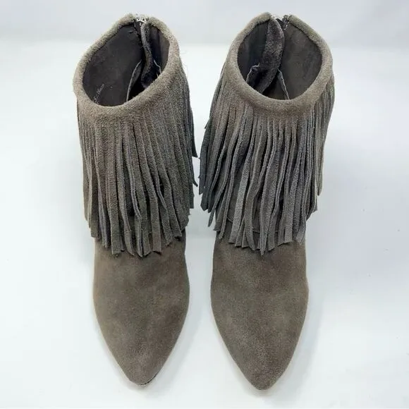 Chinese Laundry Arctic Fringe Taupe Suede Back Zip Wedge Ankle Booties Size 7.5