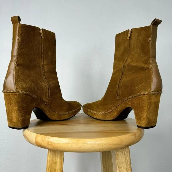 Chunky 90s Style Heeled Suede Boots Tan LINEA PAOLO Size 9