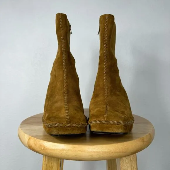 Chunky 90s Style Heeled Suede Boots Tan LINEA PAOLO Size 9