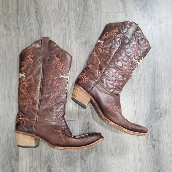 Circle G Boots Women's 10 Brown Embroidered Cross Leather Cowboy Western Crackle