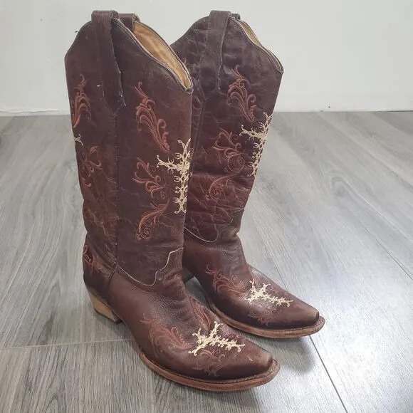 Circle G Boots Women's 10 Brown Embroidered Cross Leather Cowboy Western Crackle