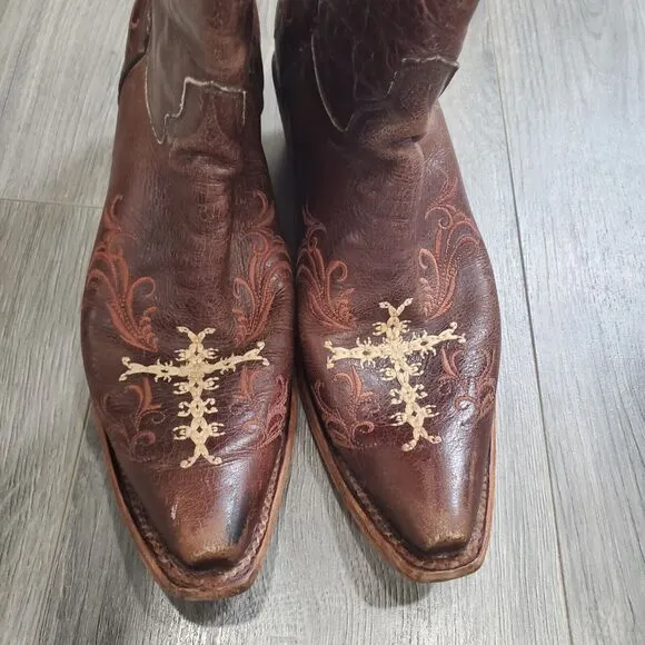 Circle G Boots Women's 10 Brown Embroidered Cross Leather Cowboy Western Crackle