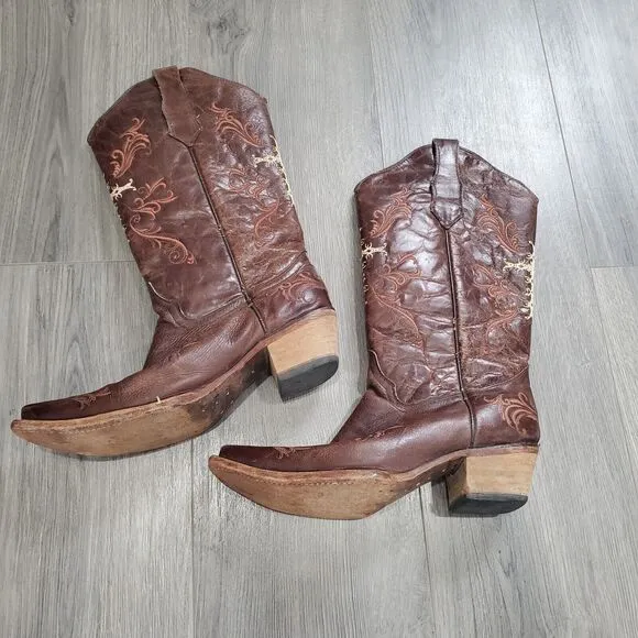 Circle G Boots Women's 10 Brown Embroidered Cross Leather Cowboy Western Crackle