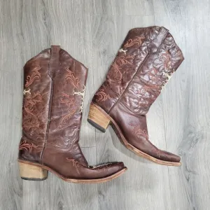 Circle G Boots Women's 10 Brown Embroidered Cross Leather Cowboy Western Crackle