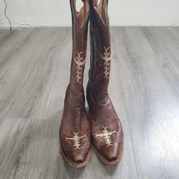 Circle G Boots Women's 10 Brown Embroidered Cross Leather Cowboy Western Crackle