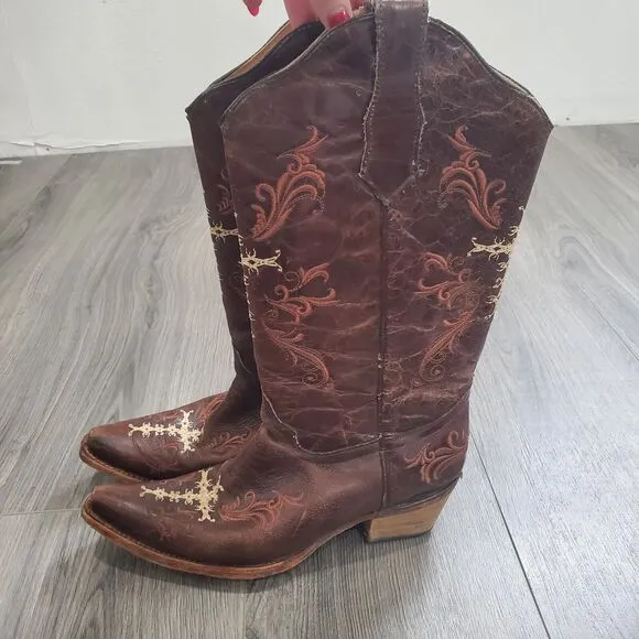 Circle G Boots Women's 10 Brown Embroidered Cross Leather Cowboy Western Crackle