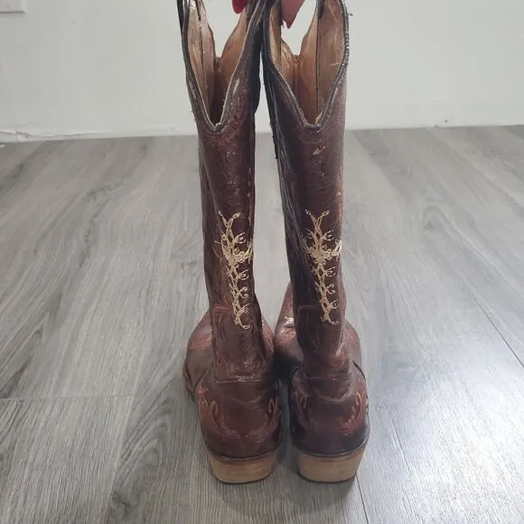 Circle G Boots Women's 10 Brown Embroidered Cross Leather Cowboy Western Crackle