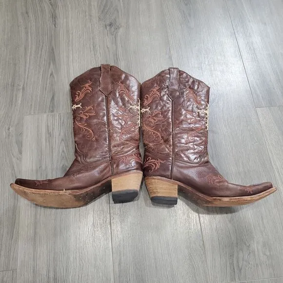 Circle G Boots Women's 10 Brown Embroidered Cross Leather Cowboy Western Crackle
