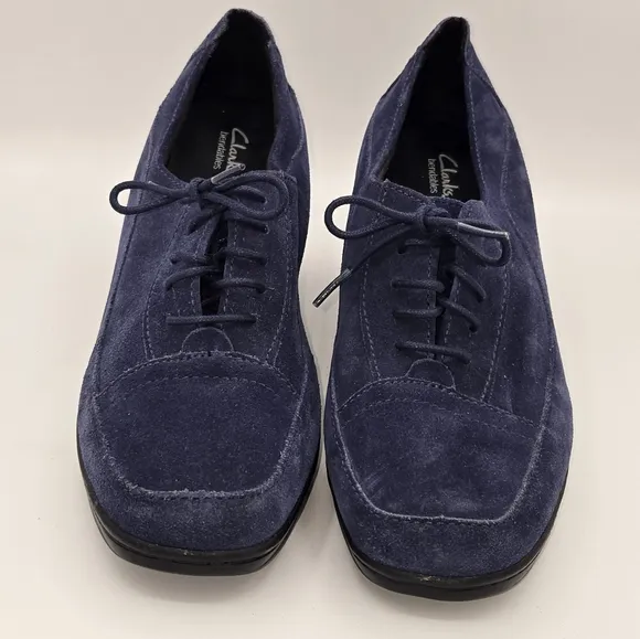 Clarks Bendables Women Size 10M Blue Suede Lace Up Block‎ Heel Ankle Boot