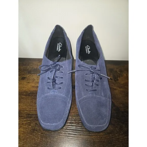 Clarks Bendables Women Size 10M Blue Suede Lace Up Block‎ Heel Ankle Boot