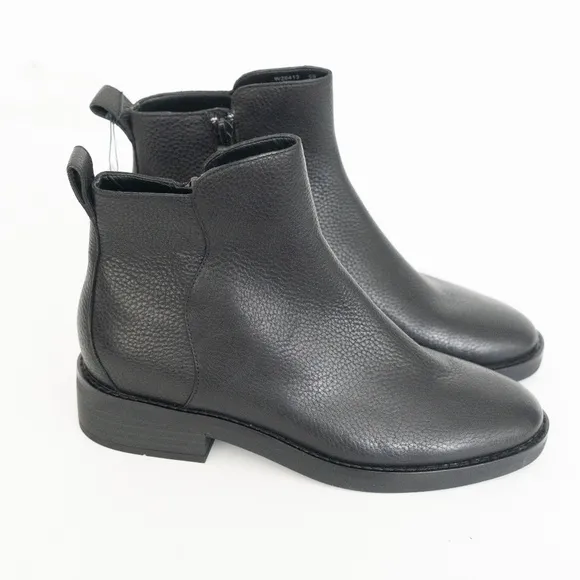 COLE HAAN. Black Padded River Almond Toe Block Heel Zip-Up Leather Booties.