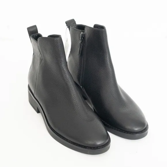 COLE HAAN. Black Padded River Almond Toe Block Heel Zip-Up Leather Booties.