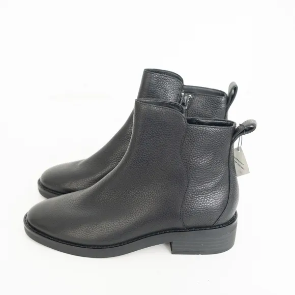 COLE HAAN. Black Padded River Almond Toe Block Heel Zip-Up Leather Booties.