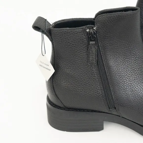 COLE HAAN. Black Padded River Almond Toe Block Heel Zip-Up Leather Booties.