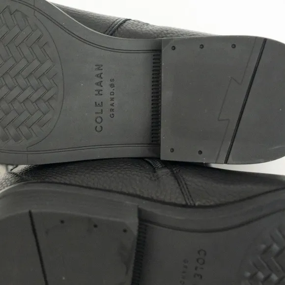 COLE HAAN. Black Padded River Almond Toe Block Heel Zip-Up Leather Booties.