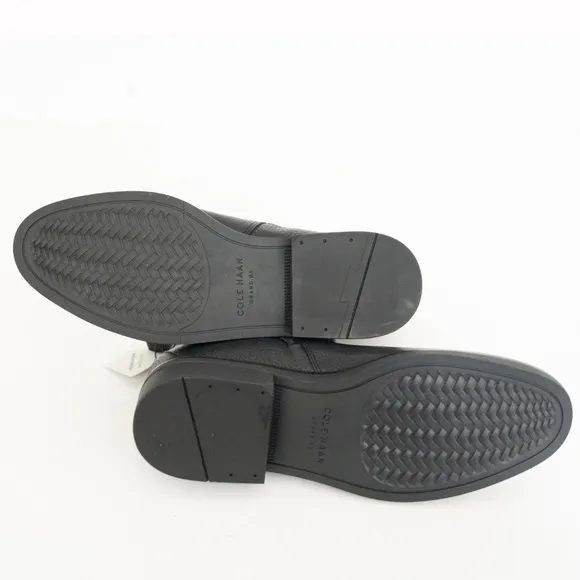 COLE HAAN. Black Padded River Almond Toe Block Heel Zip-Up Leather Booties.