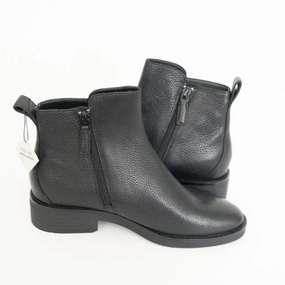 COLE HAAN. Black Padded River Almond Toe Block Heel Zip-Up Leather Booties.